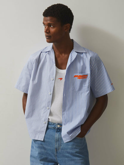 Reiss McLaren F1 Team Cuban Collar Striped Shirt in Soft Blue/White