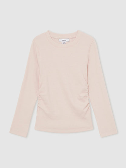 Reiss 9-13 yrs Cotton Ruched Long-Sleeve T-Shirt with Stretch in Pale Pink