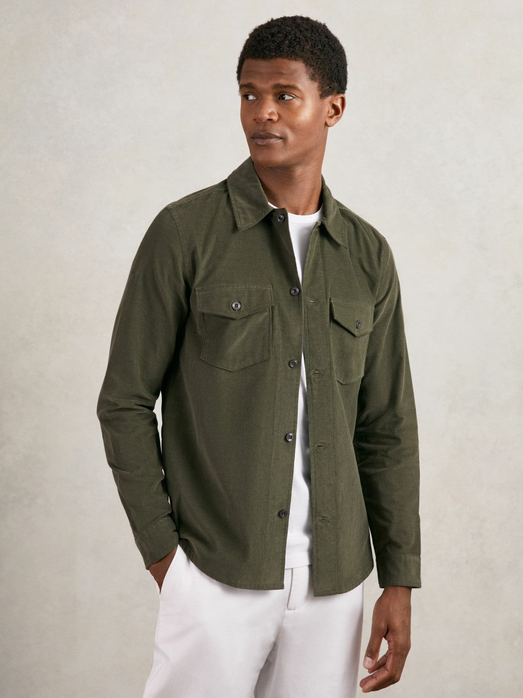 Reiss Cotton Corduroy Twin-Pocket Overshirt in Khaki Green