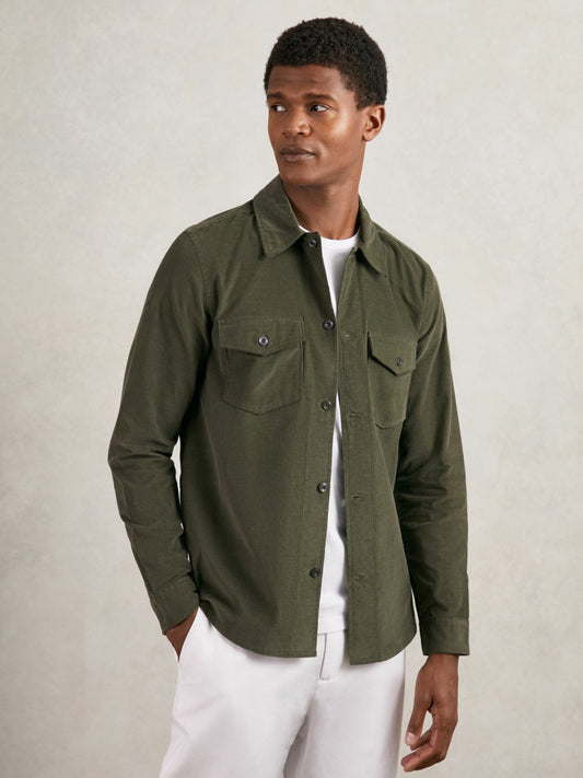 Reiss Cotton Corduroy Twin-Pocket Overshirt in Khaki Green