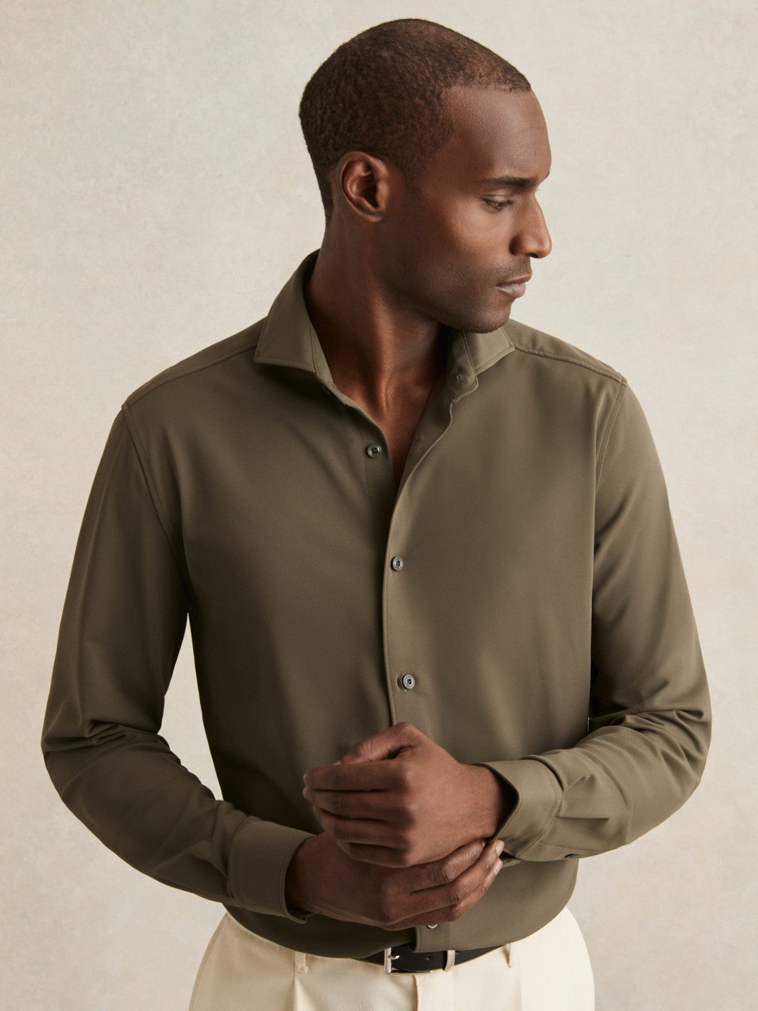 Reiss Stretch Jersey Cutaway-Collar Shirt in Olive Green