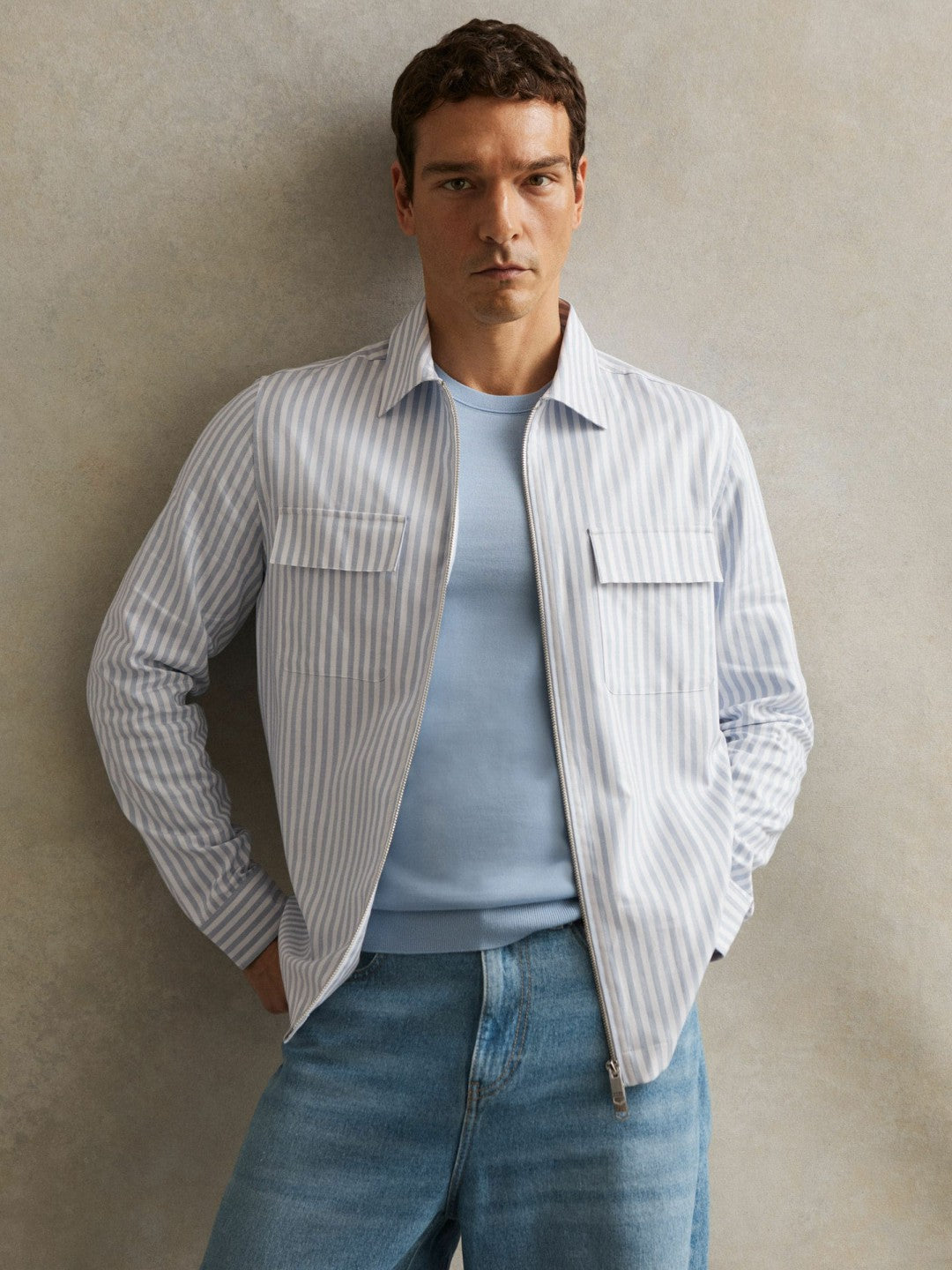 Reiss Cotton Stripe Zip-Through Shirt in White/Soft Blue