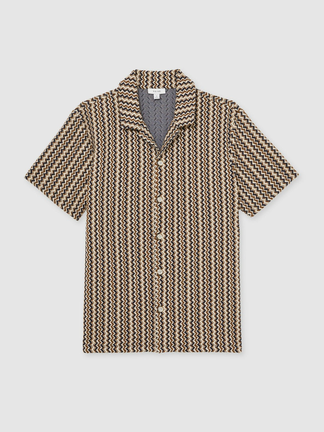 Reiss Zig-Zag Knit Cuban-Collar Shirt in Tobacco Brown