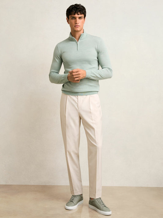 Reiss Merino Wool Half-Zip Jumper in Sage Green Melange