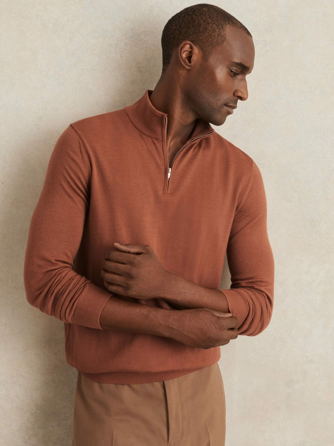 Reiss Merino Wool Half-Zip Jumper in Cinnamon Brown