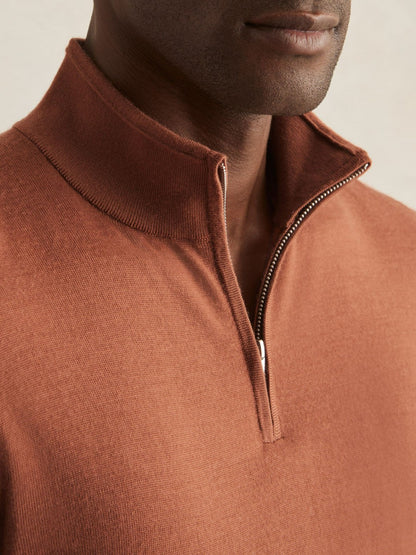 Reiss Merino Wool Half-Zip Jumper in Cinnamon Brown