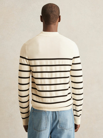 Reiss Cotton Blend Stripe Knit Polo Shirt in Warm Stone/Black