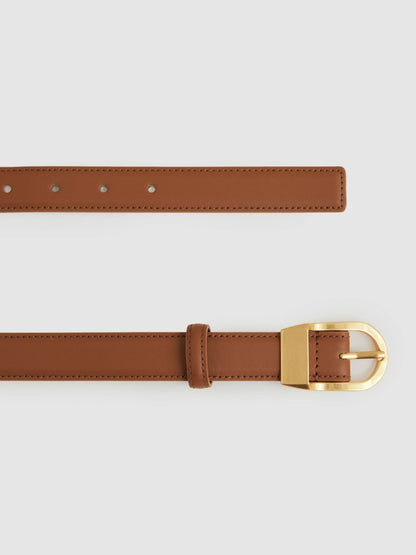 Reiss Leather Curved-Buckle Belt in Tan