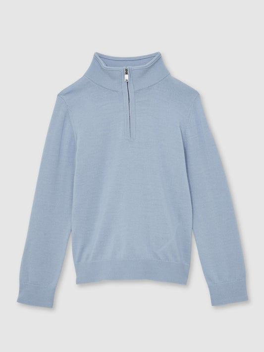 Reiss 13-14 yrs Merino Wool Half-Zip Funnel Neck Jumper in Soft Blue Melange