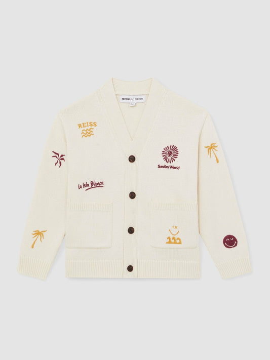 Reiss 13-14 yrs SmileyWorld Embroidery Cardigan Unisex Fit in Off White