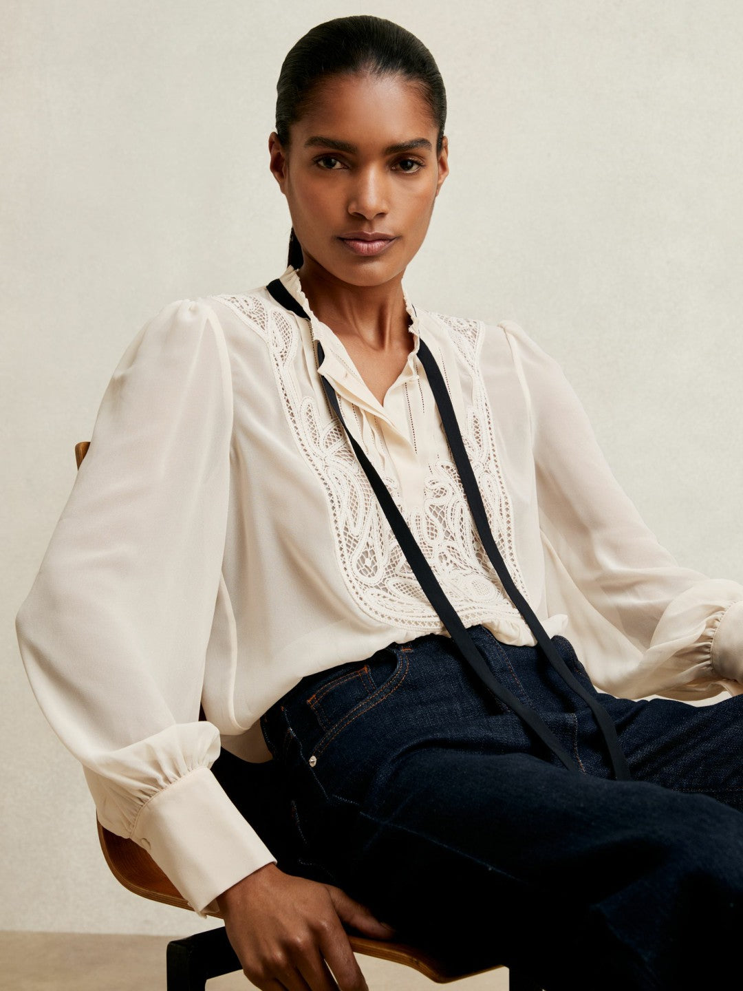 Reiss Lace-Embroidered Tie-Neck Shirt in Cream