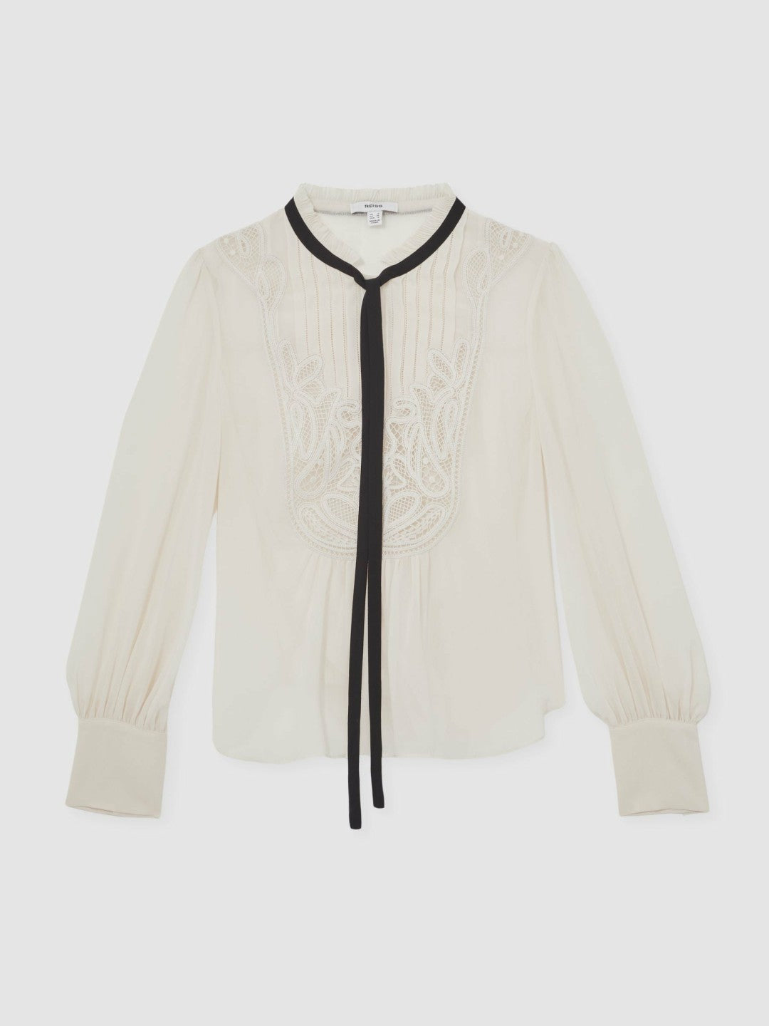 Reiss Lace-Embroidered Tie-Neck Shirt in Cream