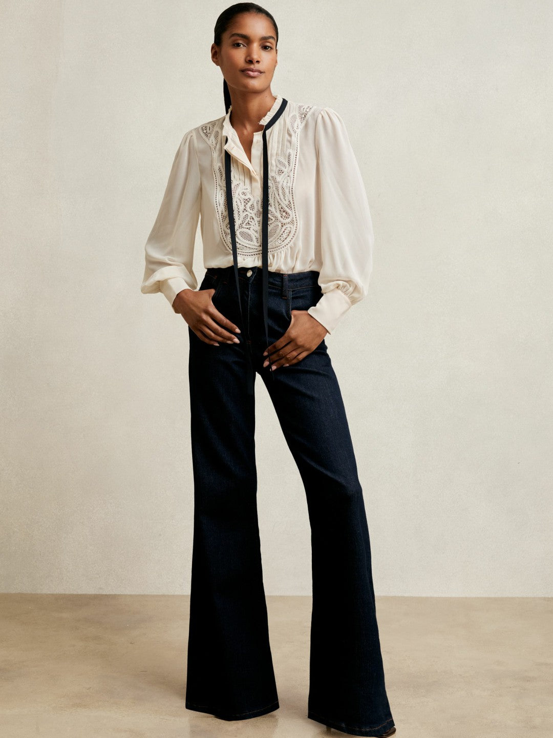 Reiss Lace-Embroidered Tie-Neck Shirt in Cream