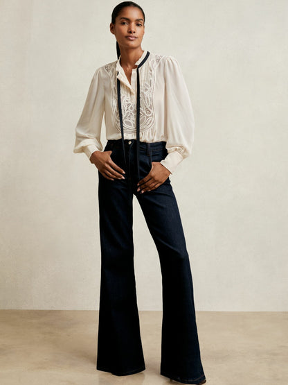 Reiss Lace-Embroidered Tie-Neck Shirt in Cream