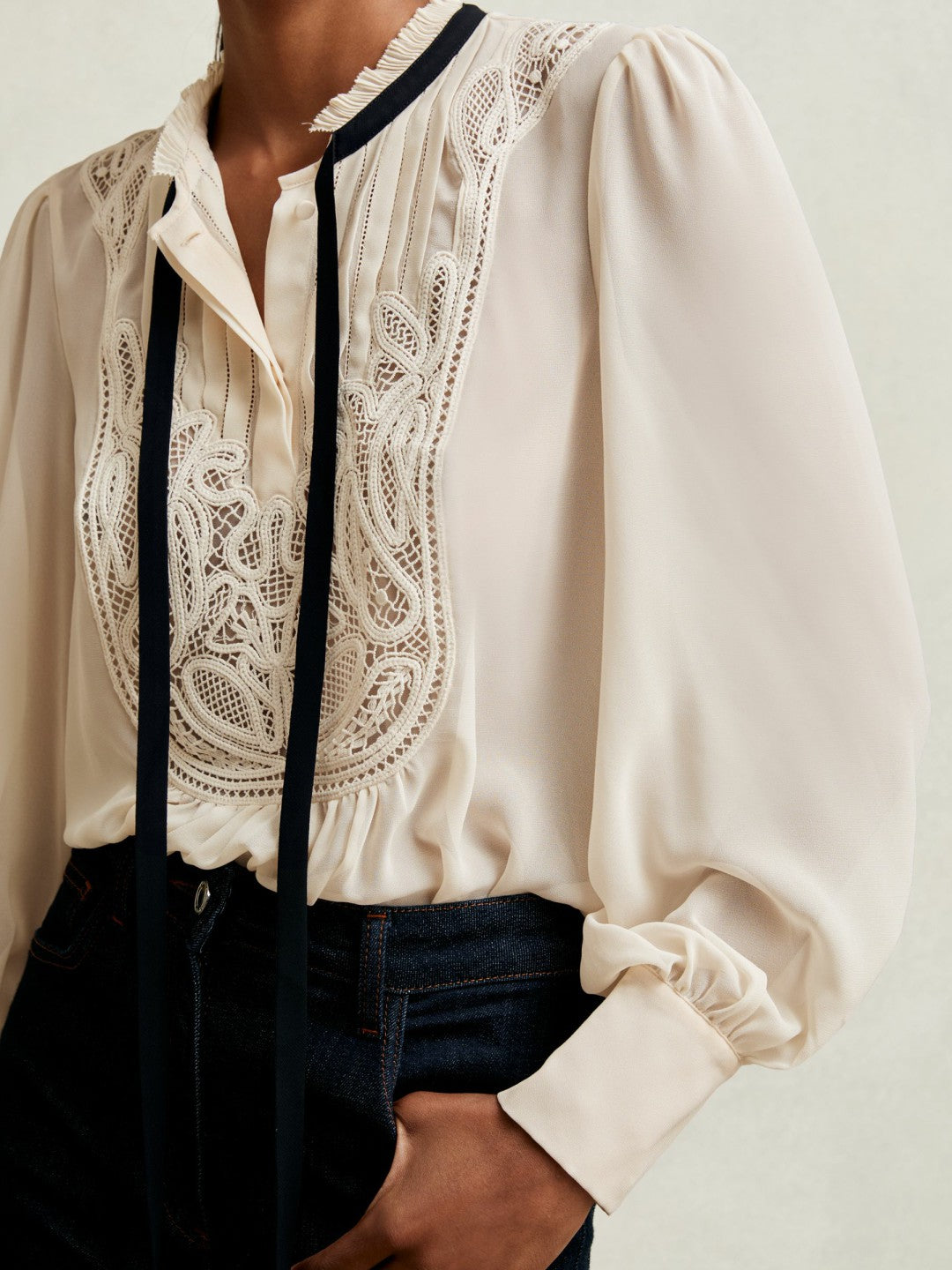 Reiss Lace-Embroidered Tie-Neck Shirt in Cream