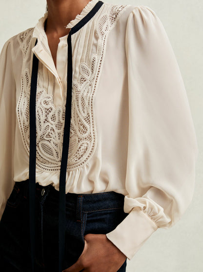 Reiss Lace-Embroidered Tie-Neck Shirt in Cream