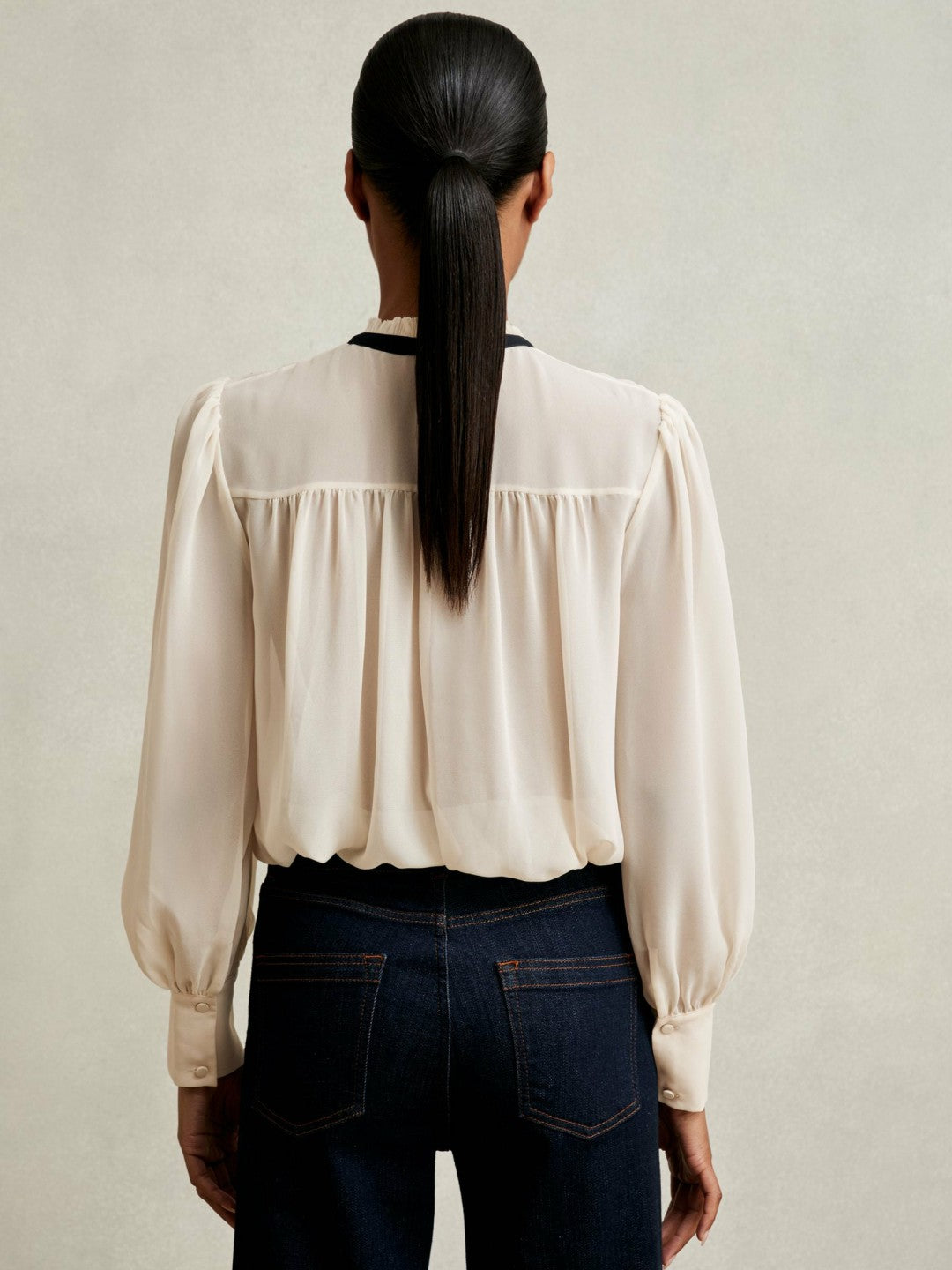 Reiss Lace-Embroidered Tie-Neck Shirt in Cream
