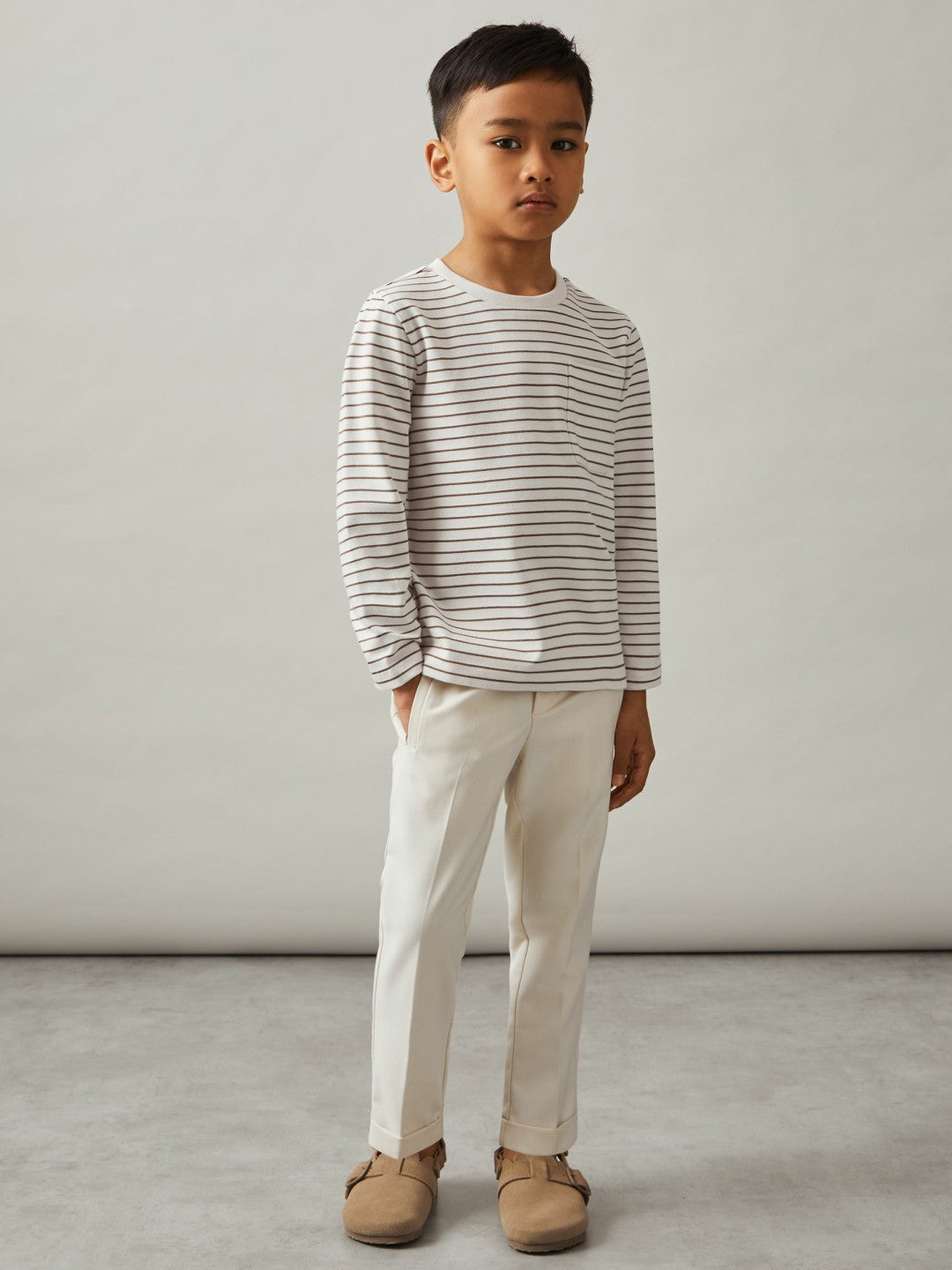 Reiss 13-14 yrs Stretch-Cotton Stripe T-Shirt in Off White/Camel