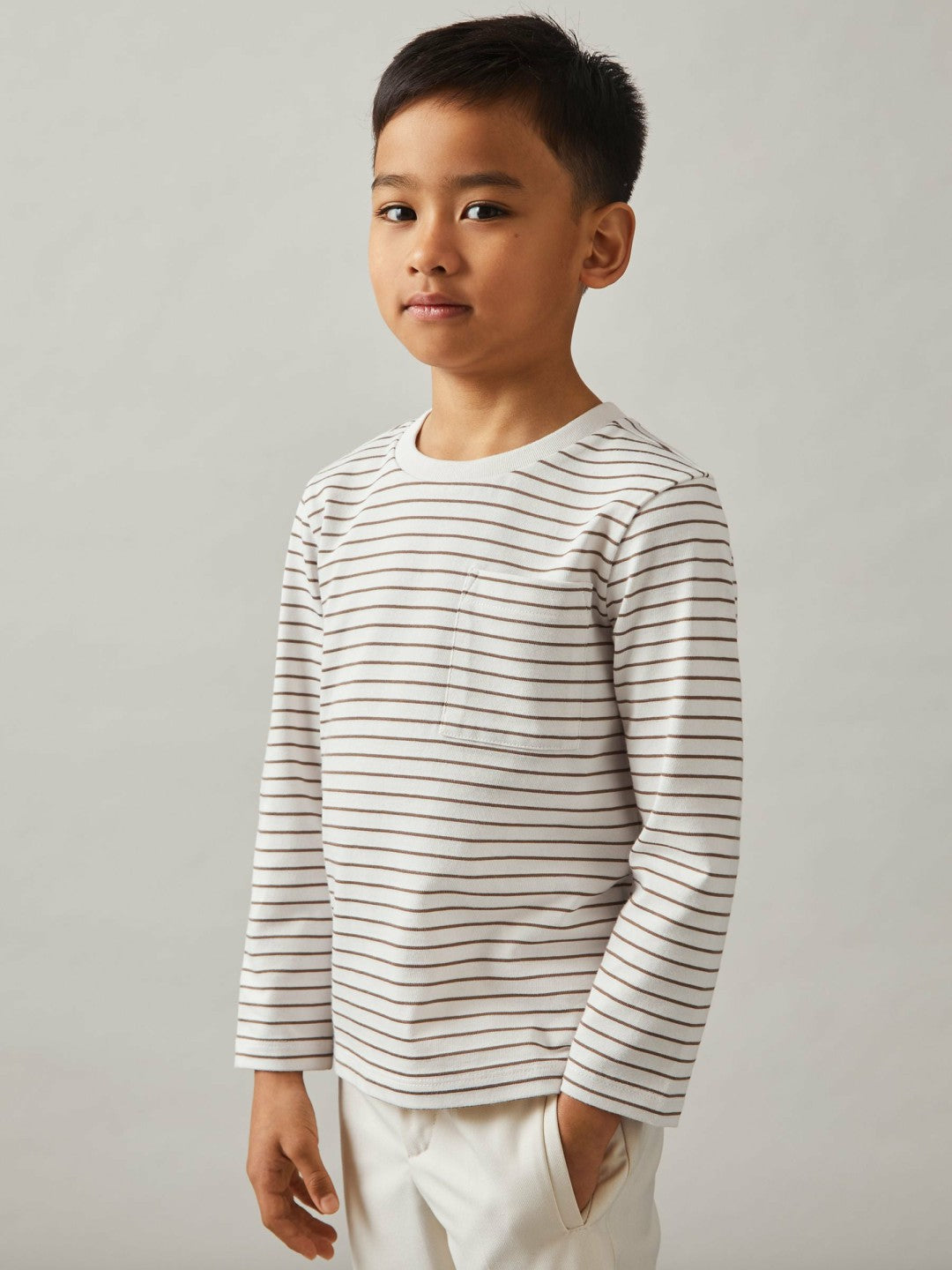 Reiss 13-14 yrs Stretch-Cotton Stripe T-Shirt in Off White/Camel