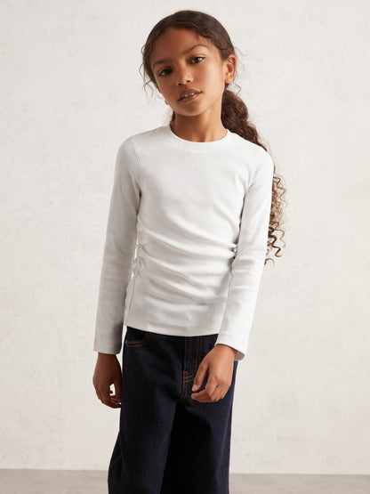 Reiss 4-9 yrs Cotton Ruched Long-Sleeve T-Shirt with Stretch in Ivory