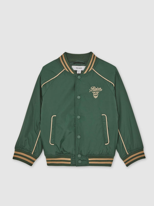 Reiss 13-14 yrs Motor Cars Embroidered Bomber Jacket in Forest Green/Off White
