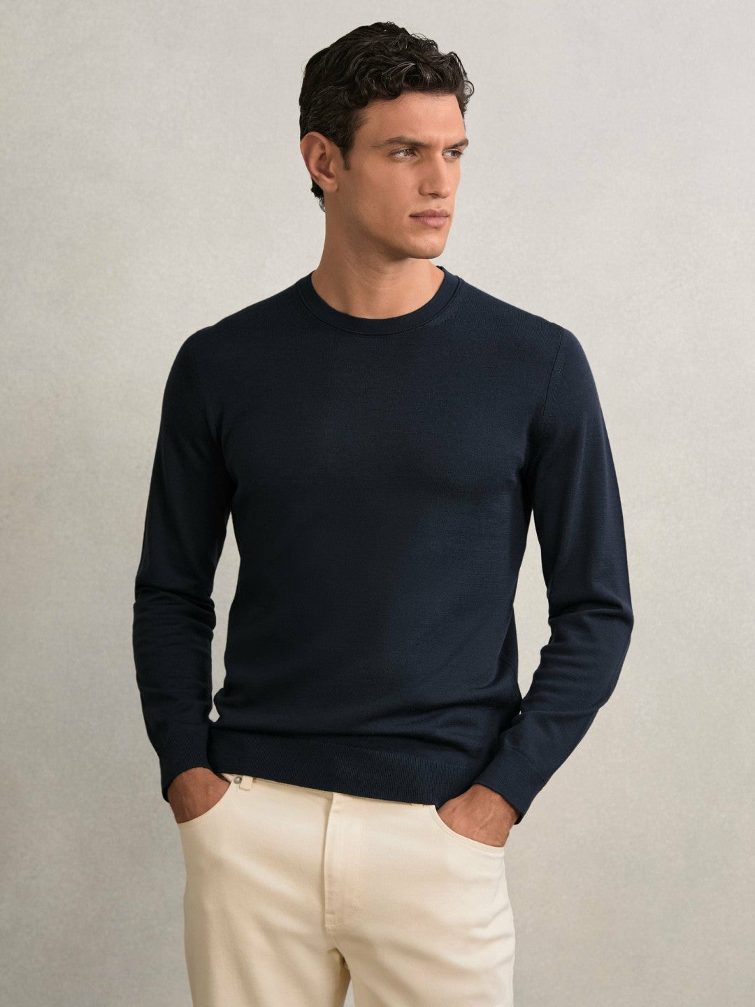 Reiss Merino Wool Crew Neck Jumper in Midnight Navy