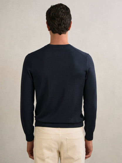 Reiss Merino Wool Crew Neck Jumper in Midnight Navy