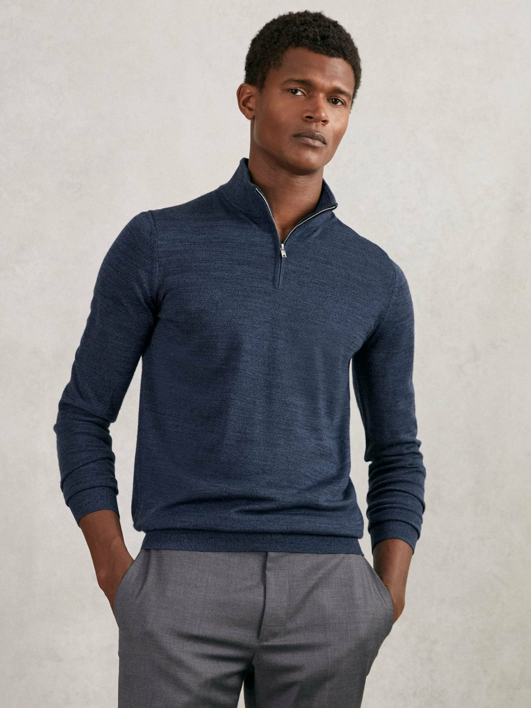 Reiss Merino Wool Half-Zip Jumper in Denim Jaspe
