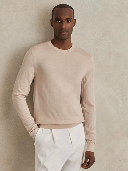 Reiss Merino-Wool Crew-Neck Jumper in Beige