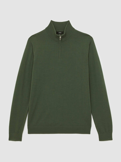 Reiss Merino Wool Half-Zip Jumper in Kale Green