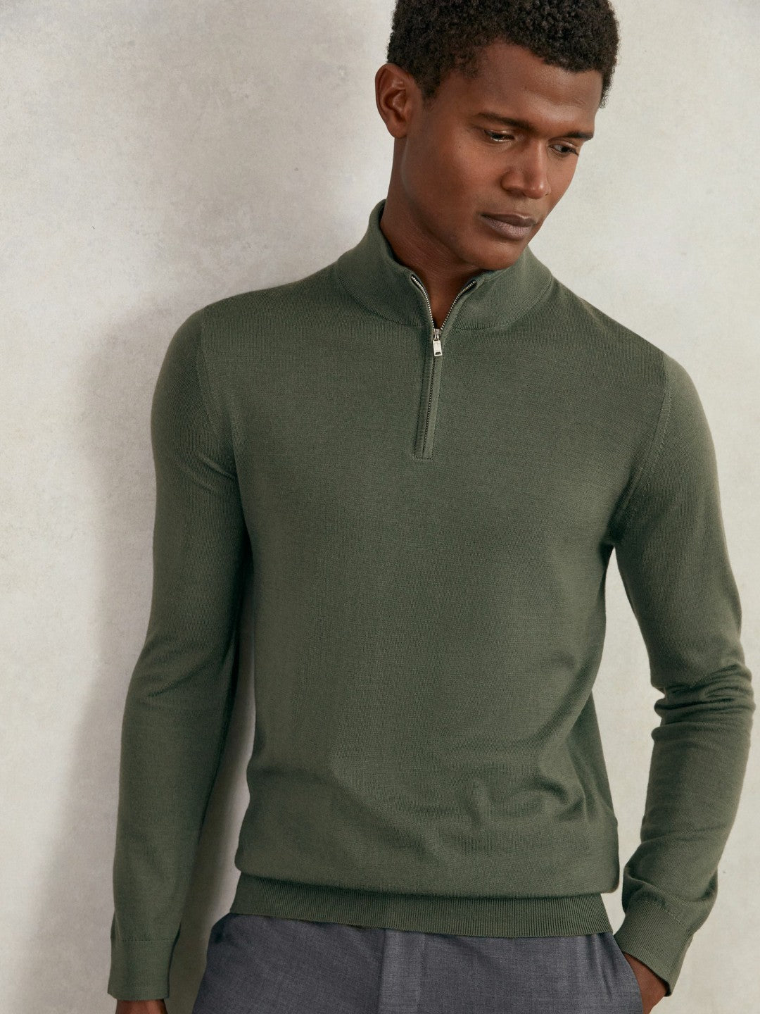 Reiss Merino Wool Half-Zip Jumper in Kale Green
