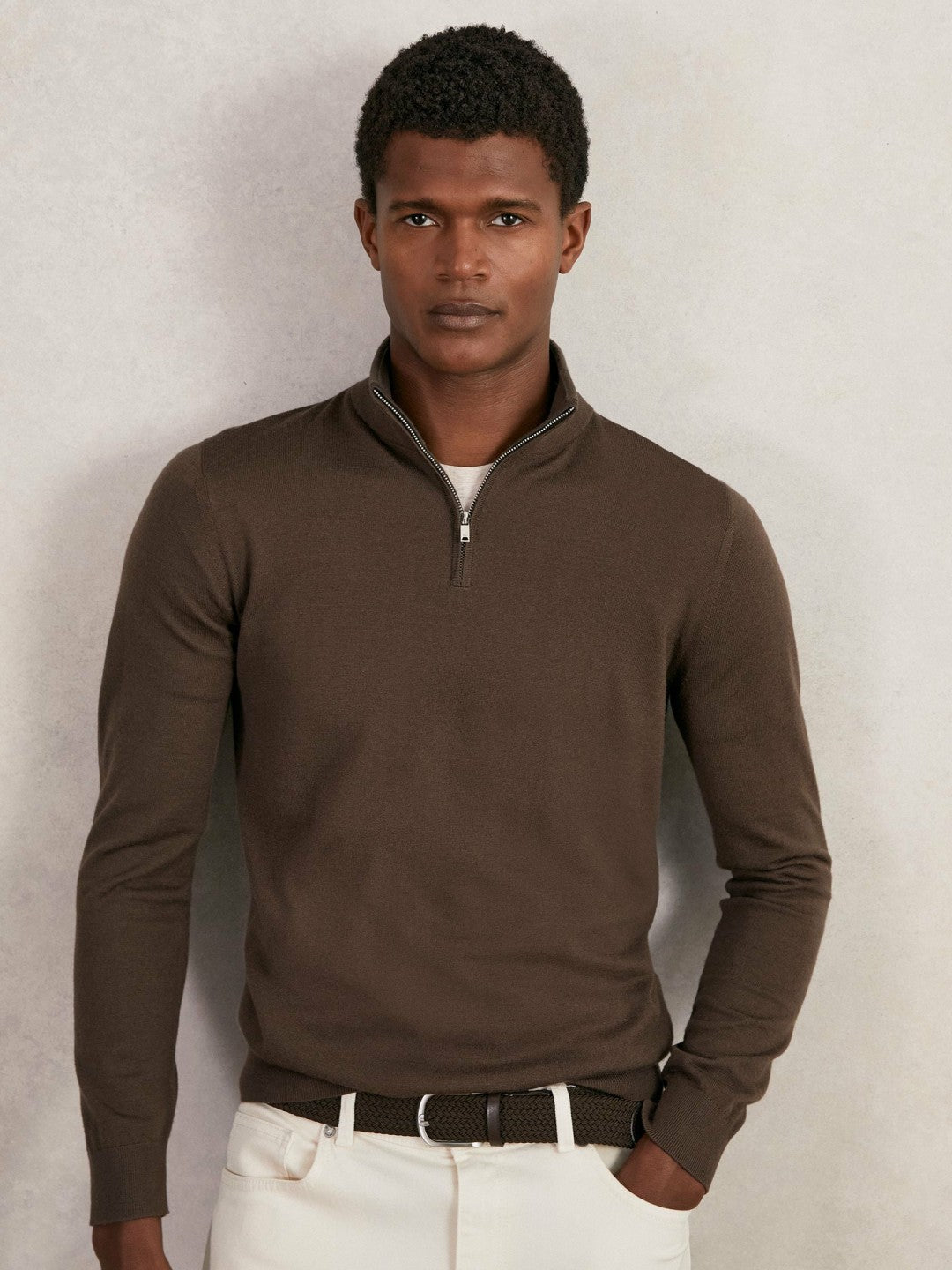 Reiss Merino Wool Half-Zip Jumper in Chocolate Brown