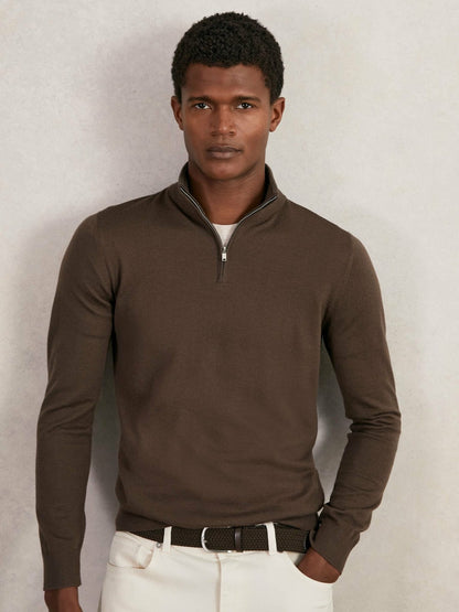 Reiss Merino Wool Half-Zip Jumper in Chocolate Brown