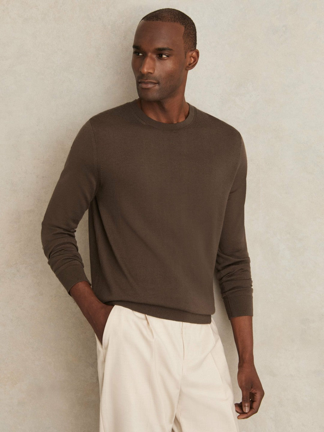 Reiss Merino-Wool Crew-Neck Jumper in Chocolate Brown