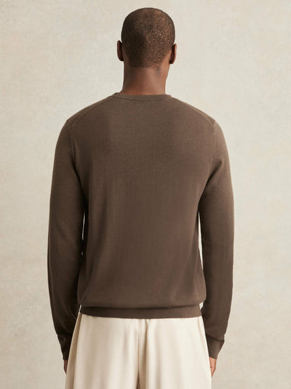 Reiss Merino-Wool Crew-Neck Jumper in Chocolate Brown