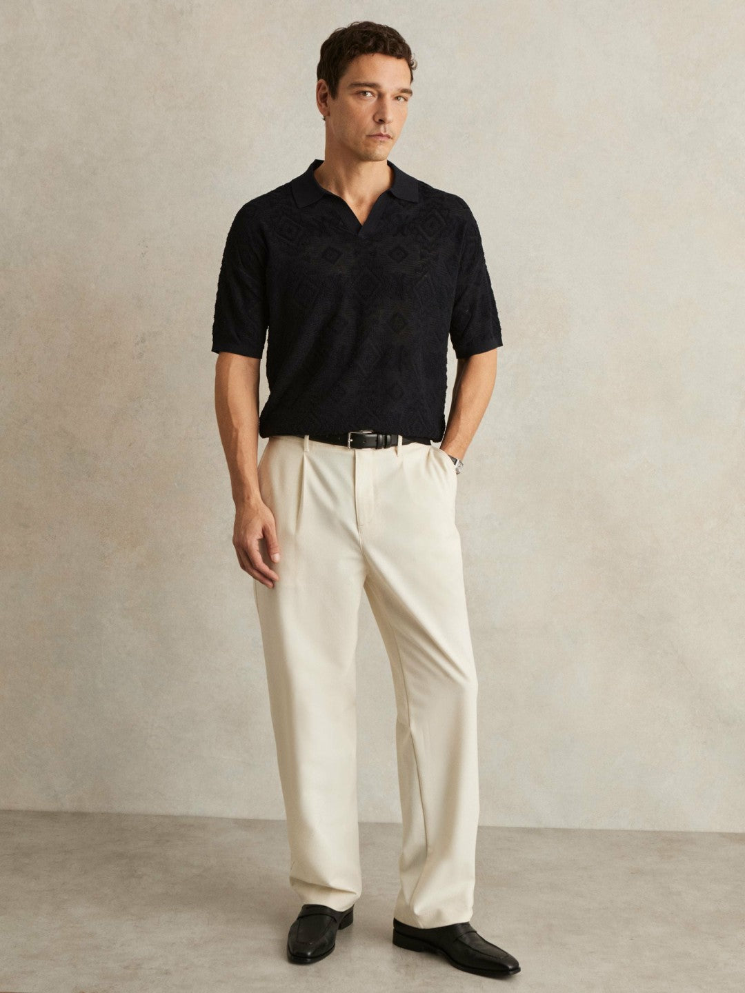 Reiss Jacquard Loop-Stitch Polo Shirt in Navy
