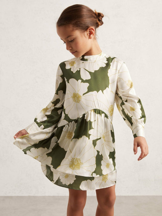 Reiss 9-13 yrs Floral-Print Swing Dress in Green