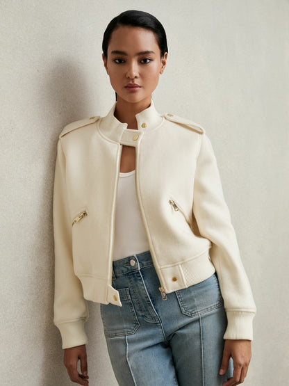 Reiss Brushed Wool Epaulette Bomber Jacket in Cream