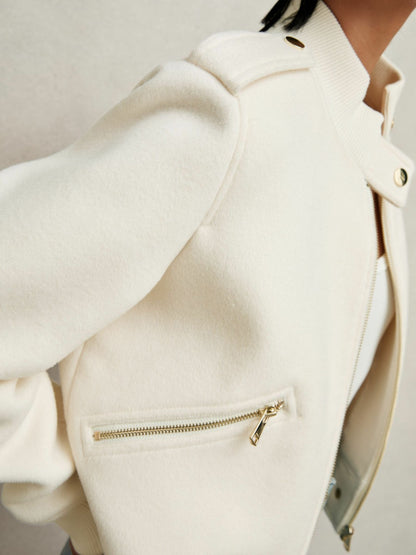Reiss Brushed Wool Epaulette Bomber Jacket in Cream