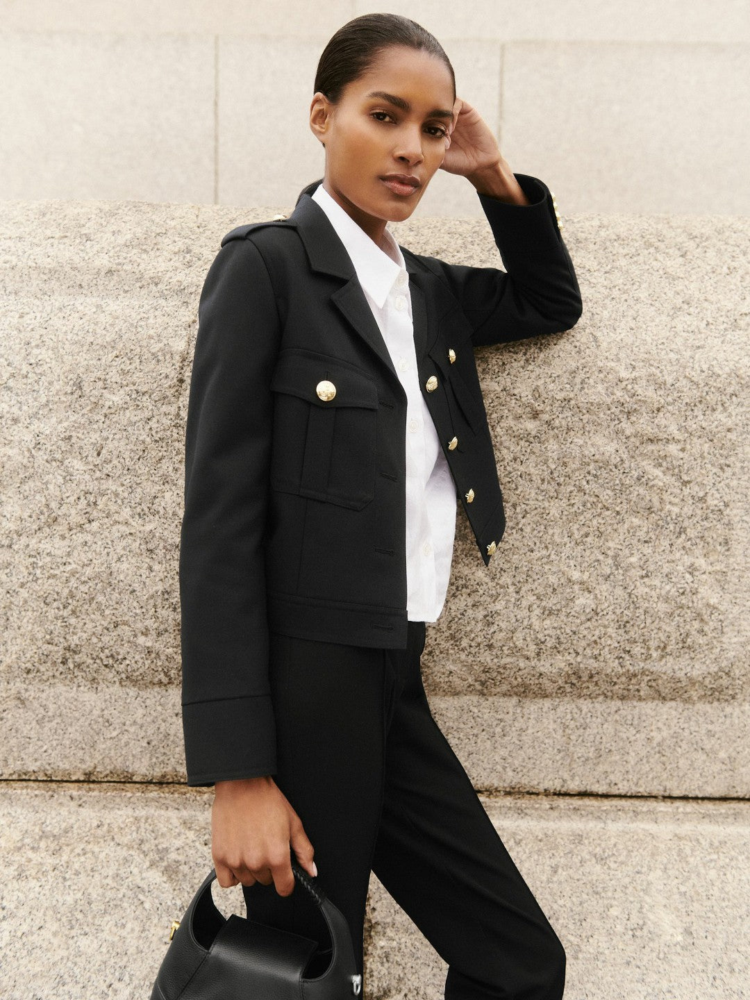 Reiss Wool Twin-Pocket Cropped Jacket in Black