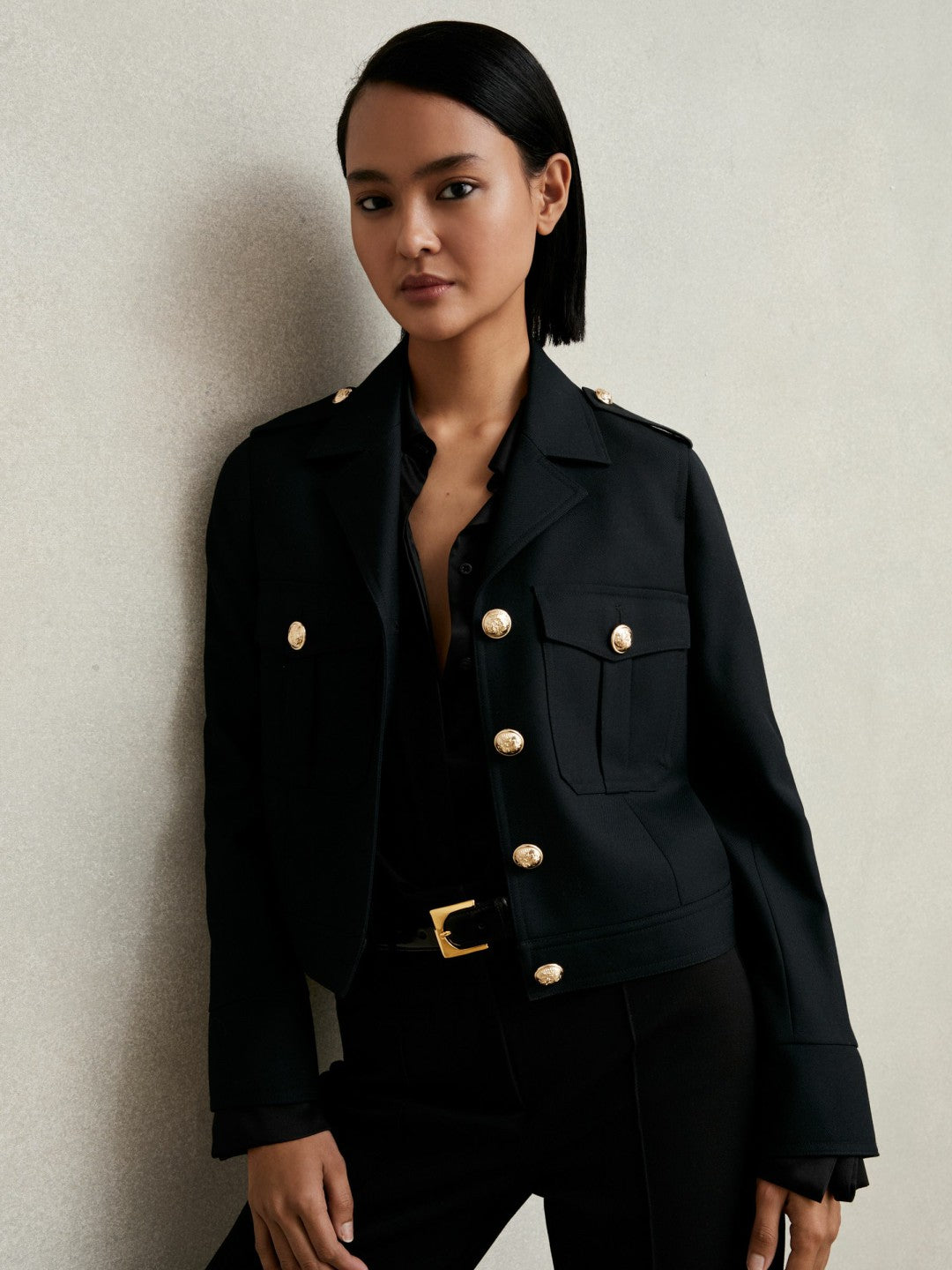 Reiss Wool Twin-Pocket Cropped Jacket in Black