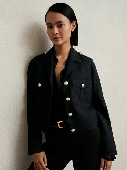Reiss Wool Twin-Pocket Cropped Jacket in Black