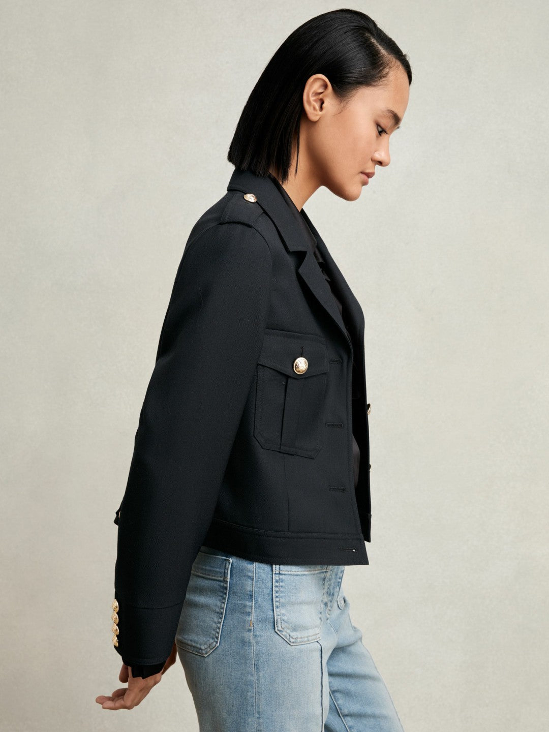 Reiss Wool Twin-Pocket Cropped Jacket in Black