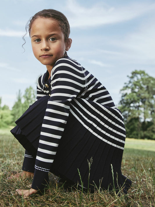 Reiss 3-9 yrs Button-Detail Stripe Knitted Dress in Navy/White