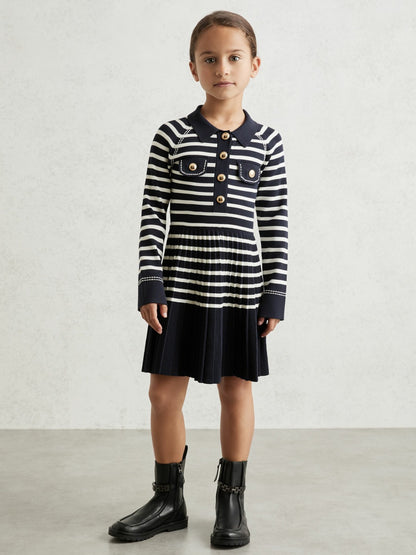 Reiss 3-9 yrs Button-Detail Stripe Knitted Dress in Navy/White