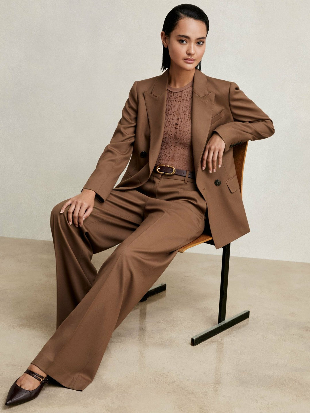 Reiss Wool-Blend Wide-Leg Suit Trousers in Tan