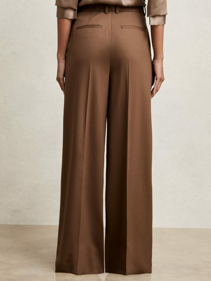 Reiss Wool-Blend Wide-Leg Suit Trousers in Tan