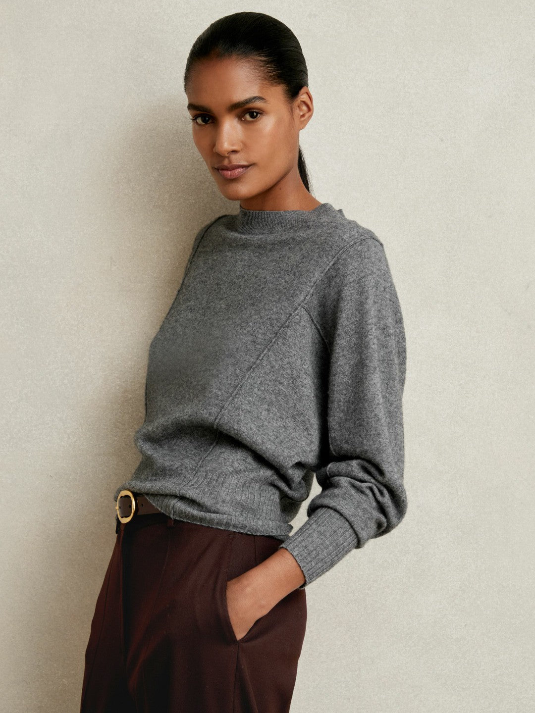 Reiss Wool-Blend Reverse-Seam Batwing Jumper With Cashmere in Charcoal