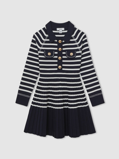Reiss 13-14 yrs Button-Detail Stripe Knitted Dress in Navy/White