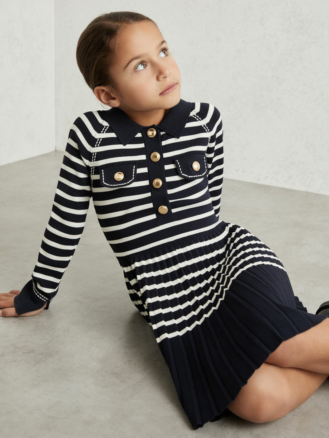 Reiss 13-14 yrs Button-Detail Stripe Knitted Dress in Navy/White